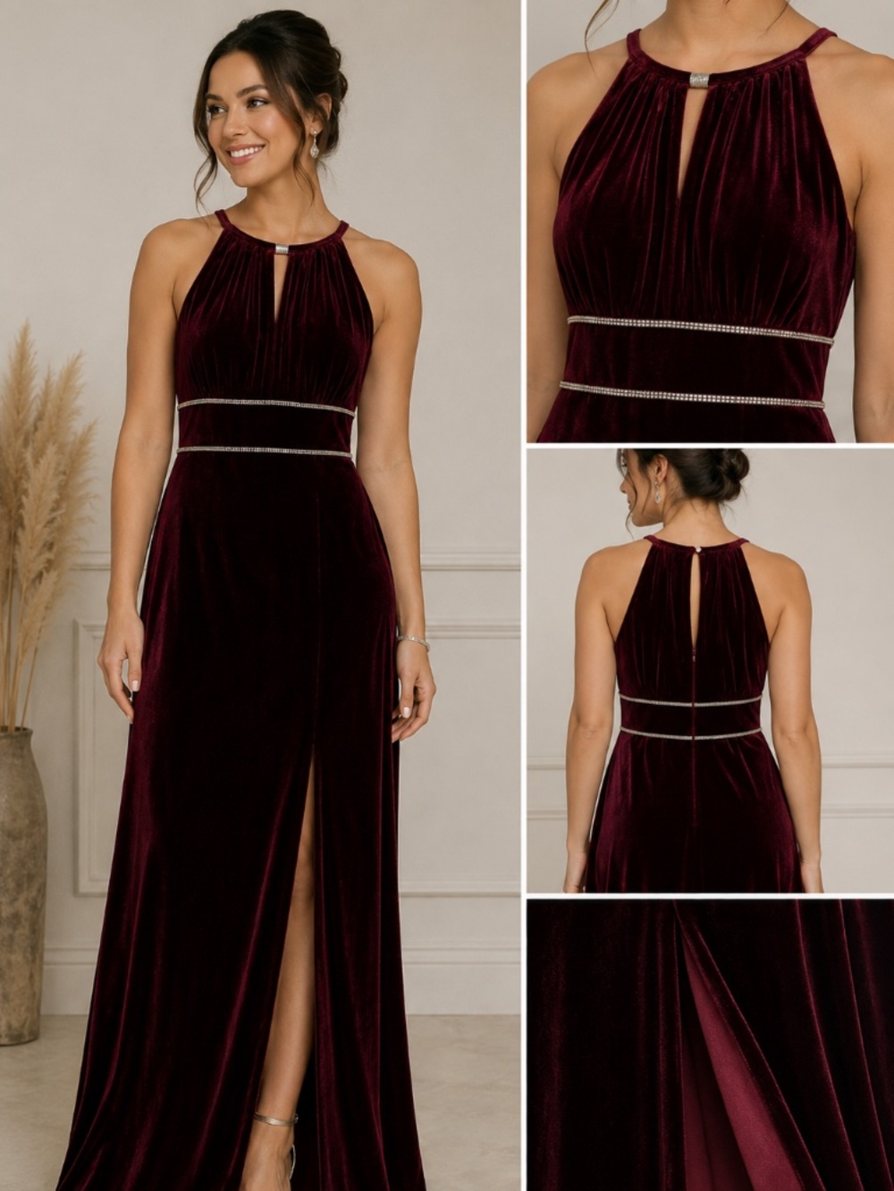 Oleg Cassini Women's Velvet Maxi Dress Size 12 Wine Burgundy Rhinestone NWT
